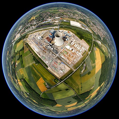 Aerial view, fisheye shot, EON Datteln 4 Power Station, Dortmund-Ems Canal, Datteln, Ruhr Area, North Rhine-Westphalia, Germany, Europe