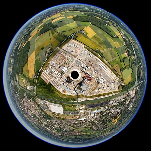 Aerial view, fisheye shot, EON Datteln 4 Power Station, Dortmund-Ems Canal, Datteln, Ruhr Area, North Rhine-Westphalia, Germany, Europe