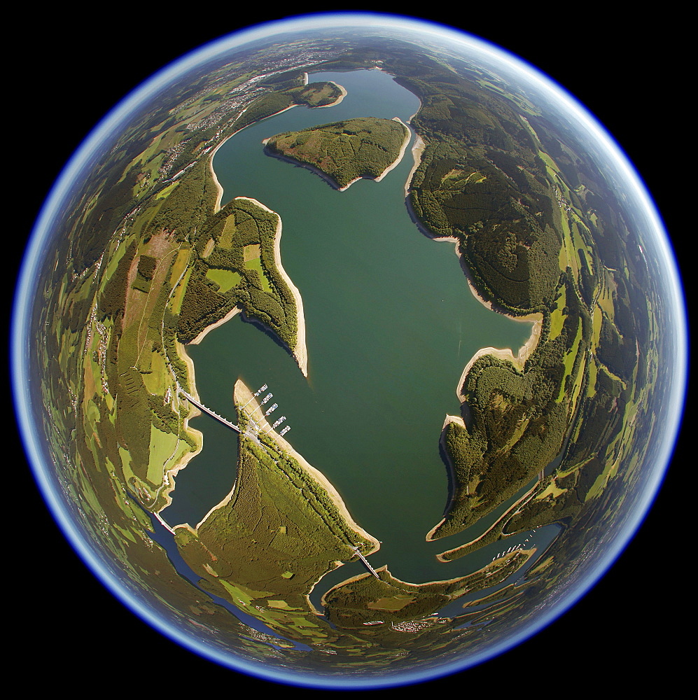 Aerial view, fisheye, Biggetalsperre reservoir, Attendorn, Hochsauerland, Sauerland, North Rhine-Westphalia, Germany, Europe