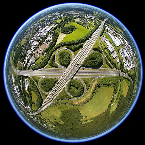 Aerial view, fisheye, motorway junction of the A45 Sauerlandlinie and the A4 autobahns, Soest, Sauerland, North Rhine-Westphalia, Germany, Europe