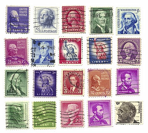 Stamped stamps from the U.S. with presidents and the Statue of Liberty