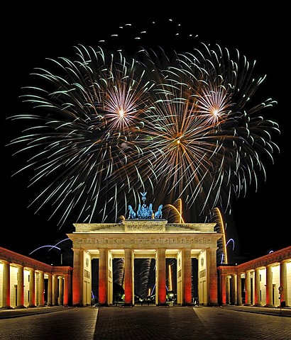 Brandenburg Gate with fireworks display, Berlin, Germany, Europe, composite