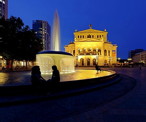 Alte Oper Frankfurt opera house at dusk, Frankfurt am Main, Hesse, Germany, Europe