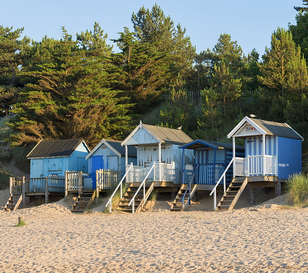 A view of beach huts at Wells next the Sea, Norfolk, England, United Kingdom, Europe