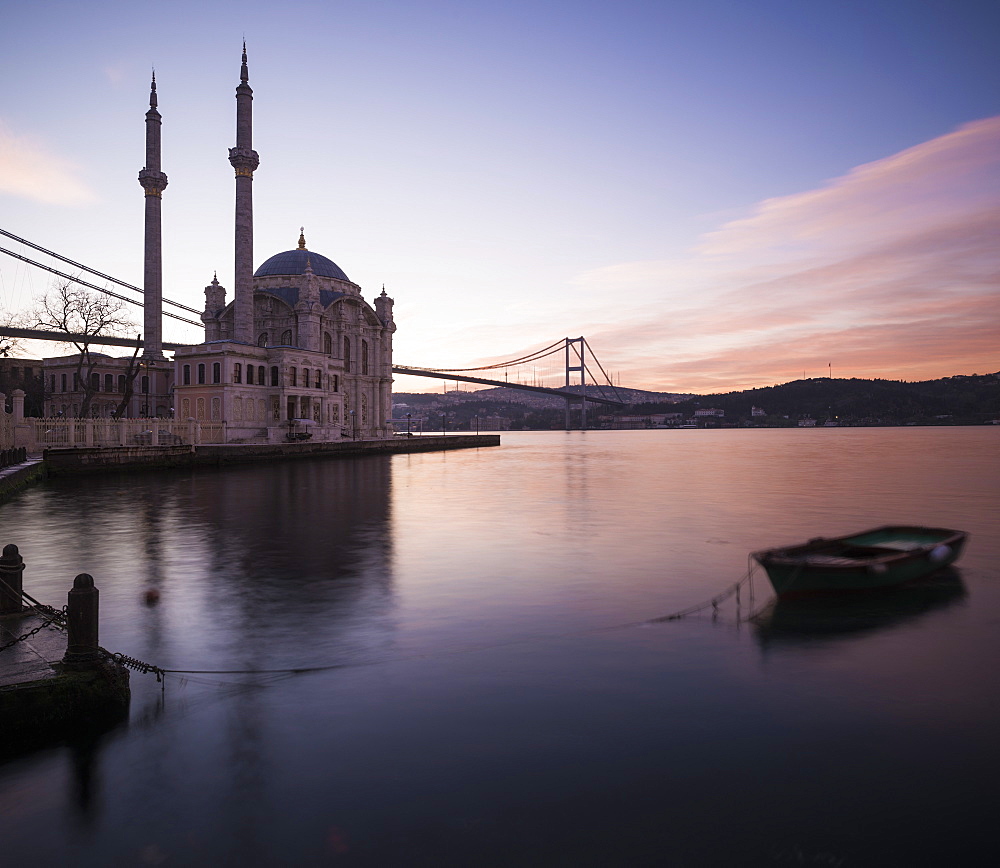 Exterior of Ortakoy Mosque and Bosphorus bridge at dawn, Ortakoy, Istanbul, Turkey, Europe