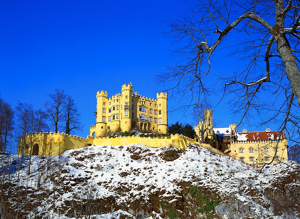 view of sun-lit house front of Hohenschwangau Castle on snowy hill in background foreground : leafless trees in winter under blue cloudless sky