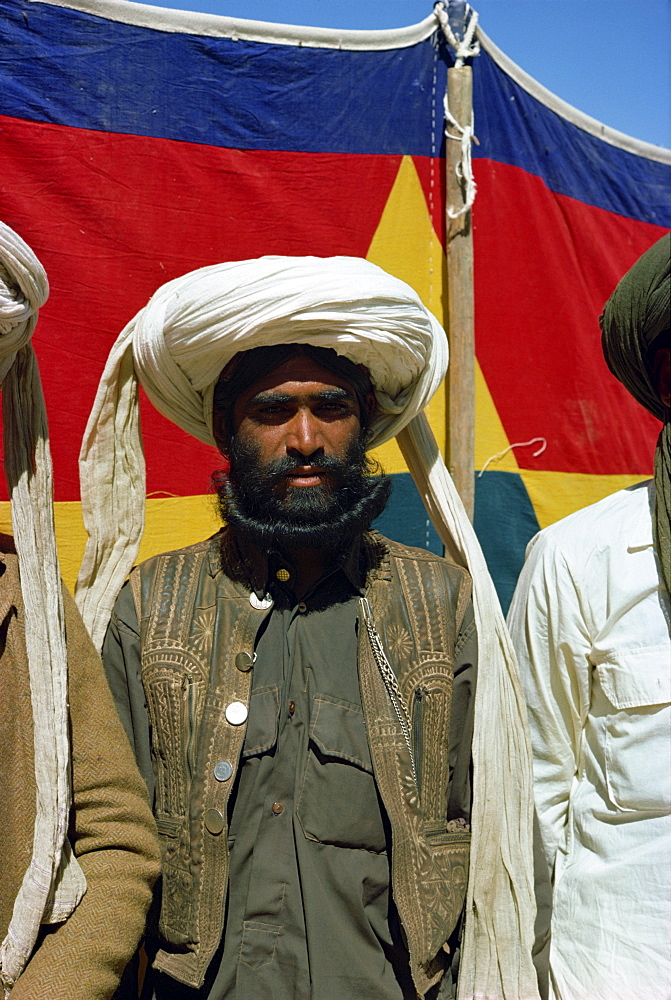 Portrait of a man with rolled beard, Kolon, Pakistan, Asia