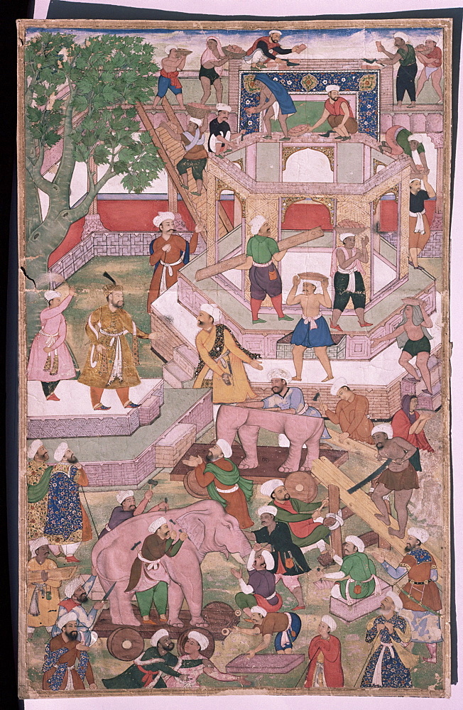 Mughal miniature dating from the 18th century showing the construction of a palace, Pakistan, Asia