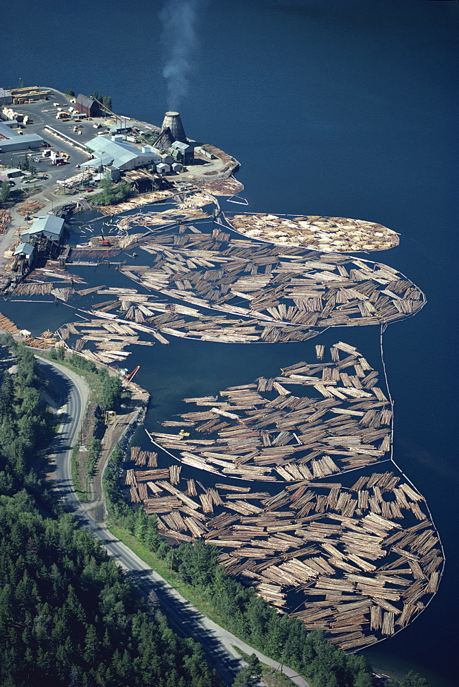 Aerial view of logs in the river beside a saw mill in British Columbia, Canada, North America