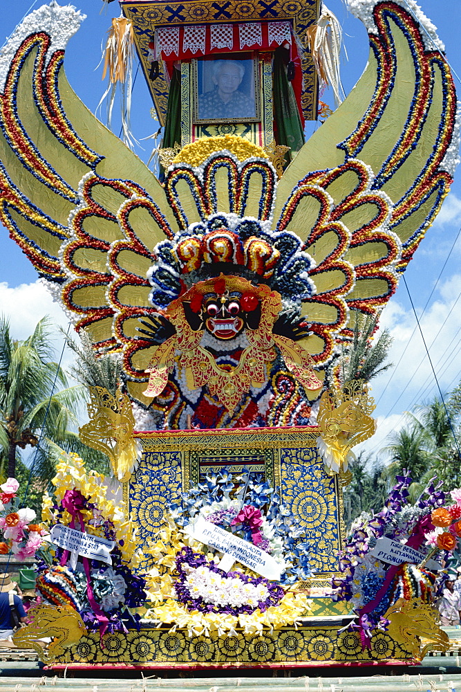 Mask and tower, funeral rites, Bali, Indonesia, Southeast Asia, Asia