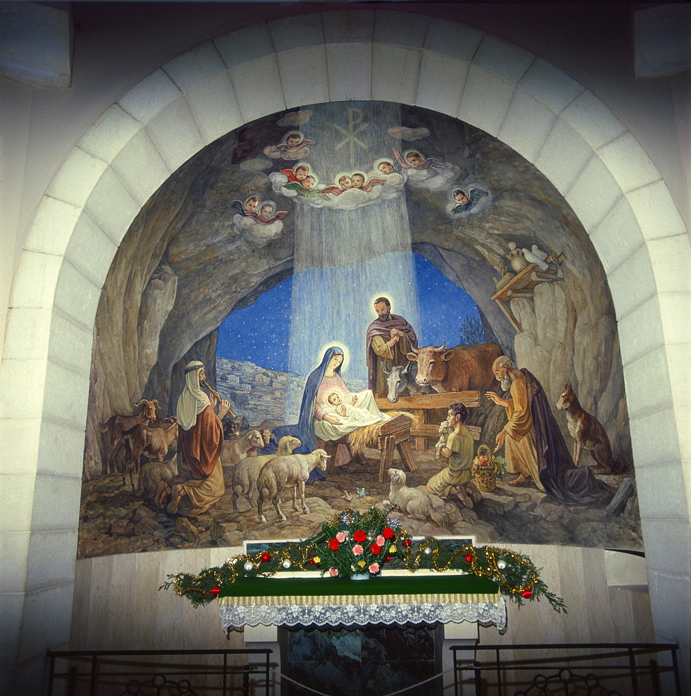 Interior of church with Nativity scene, Israel, Middle East