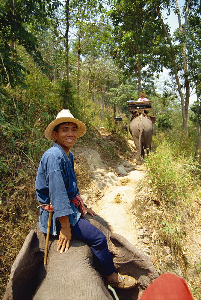 Tourists taking elephant ride at Elephant Show, near Chiang Mai, Thailand, Southeast Asia, Asia