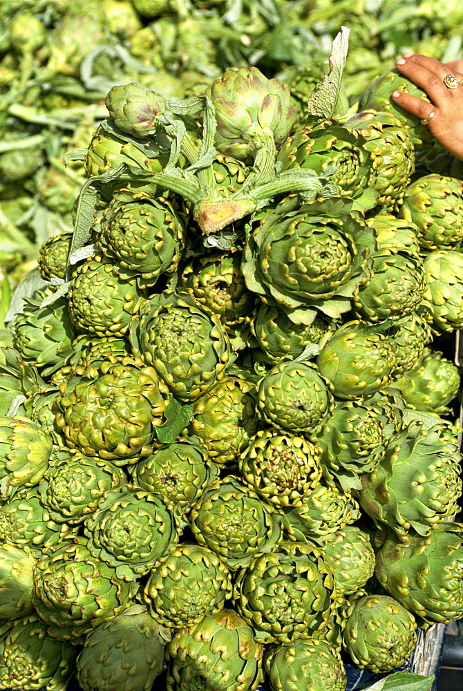 Close-up of globe artichokes on market day, Agios Nikolas, Crete, Greek Islands, Greece, Europe