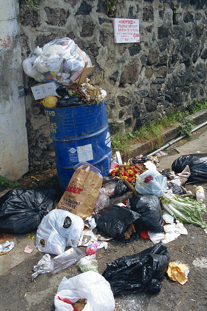 Overflowing trash can, Grenada, West Indies, Caribbean, Central America