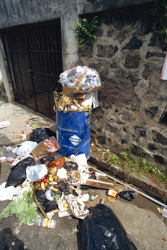 Overflowing trash can, Grenada, West Indies, Caribbean, Central America