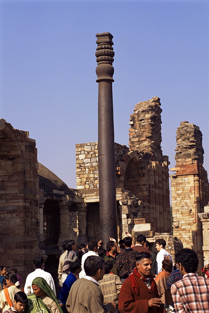 Iron pillar weighing six tons, seven metres high, Qutab Minar, Delhi, India, Asia