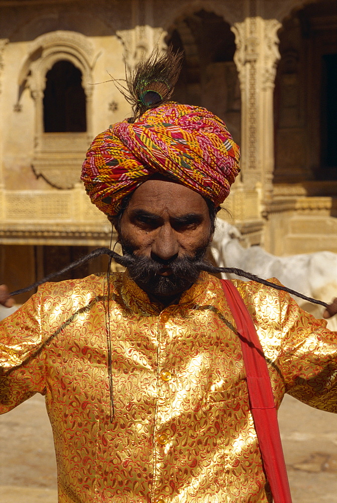 Man with a very very long moustache, Jaisalmer, Rajasthan state, India, Asia