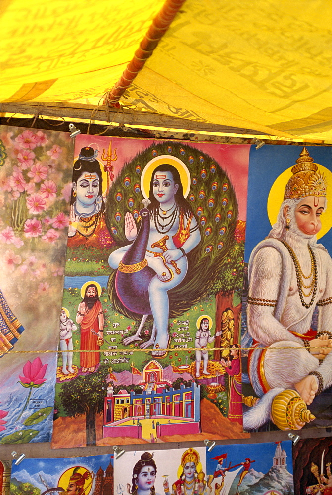 Religious pictures at cattle fair near Dechhu, Rajasthan state, India, Asia