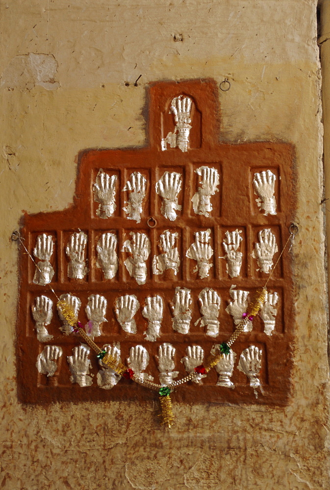 The handprints or Sati marks of ladies who died on the pyres, Jodhpur, Rajasthan, India