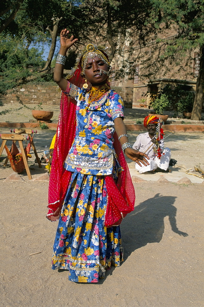 Portrait of a child dancer in the fort, Jodhpur, Rajasthan state, India, Asia