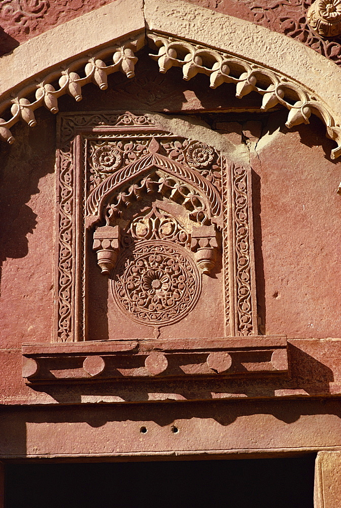 Detail of carving, Red Fort, Agra, Uttar Pradesh state, India, Asia