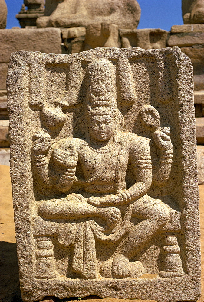 Stone carving, Shore Temple, Mahabalipuram, UNESCO World Heritage Site, Tamil Nadu state, India, Asia