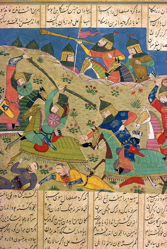 Manuscript showing battle, Khawian-Homo Decorative Arts Museum, Teheran, Iran, Middle East