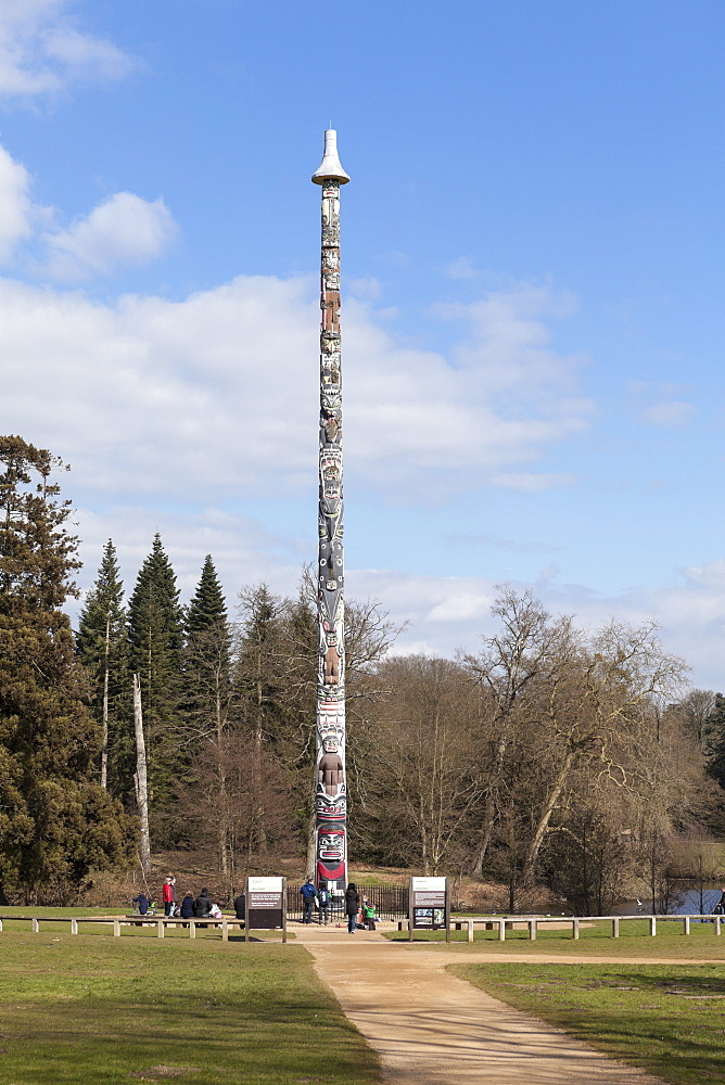 The Totem Pole, a gift from the people of Canada to Queen Elizabeth in 1958, Virginia Water, Surrey, England, United Kingdom, Europe 