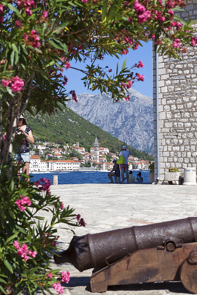 Views of Perast from Our Lady of the Rocks, Bay of Kotor, UNESCO World Heritage Site, Montenegro, Europe 