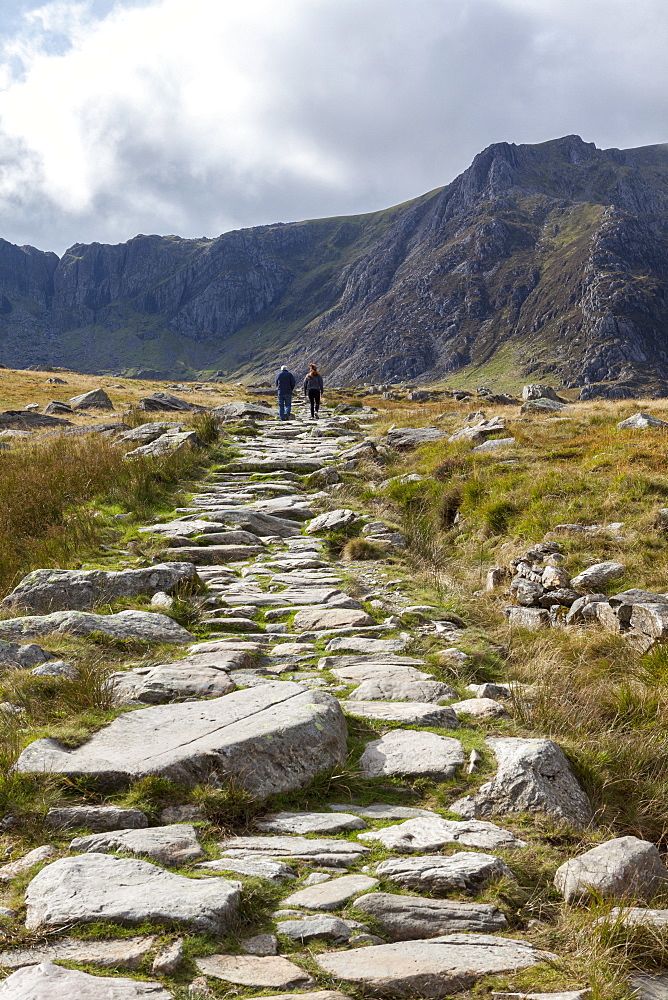 Hikers in the Ogwen Valley (Dyffryn Ogwen) with the Glyderau mountain range in front, Gwynedd, Snowdonia National Park, Wales, United Kingdom, Europe 