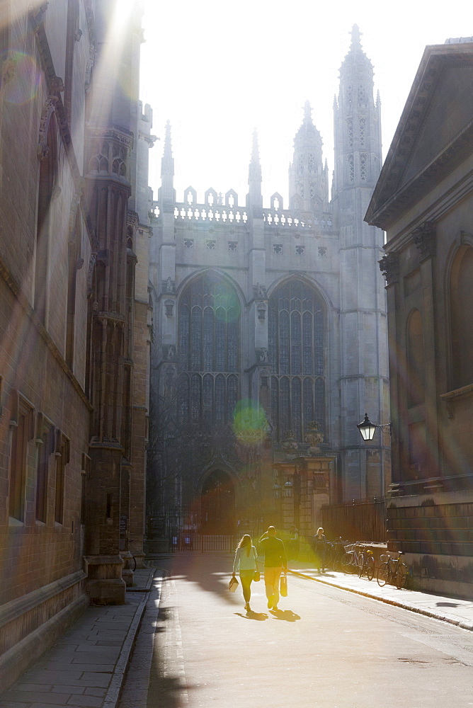 Kings College Chapel and the entrance to Clare College bathed in bright mid-day sunlight, Cambridge, Cambridgeshire, England, United Kingdom, Europe