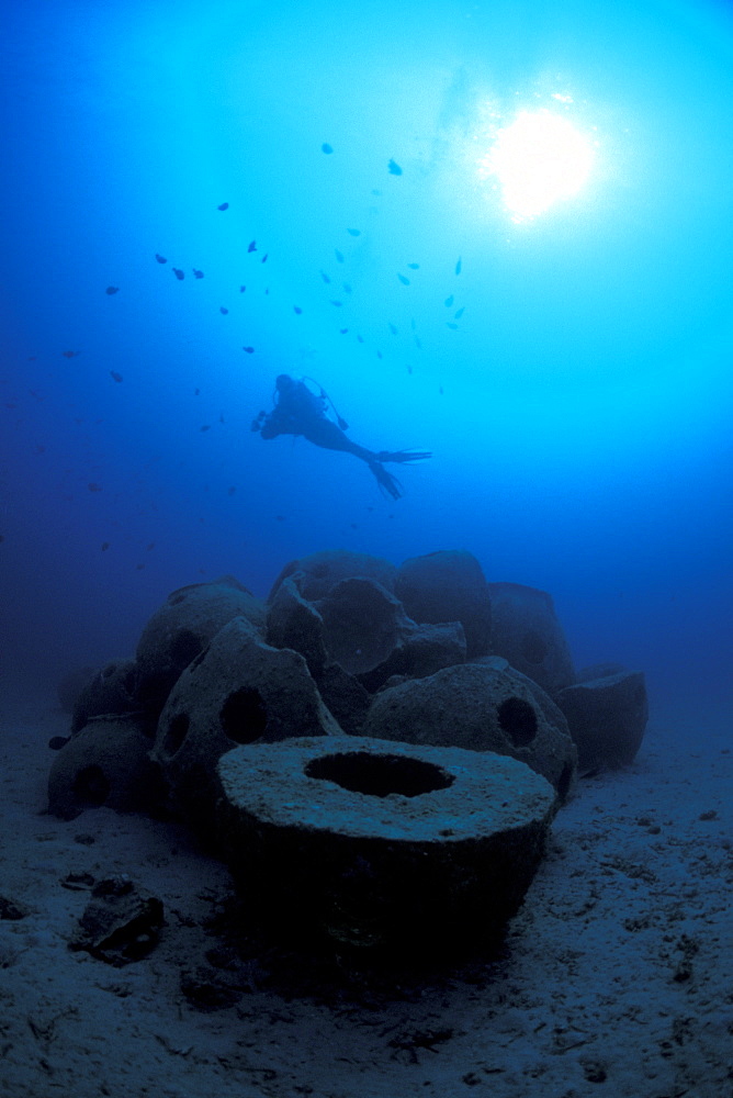 Concrete Reef Balls, Artificial Reef & diver. Manado, North Sulawesi, Indonesia