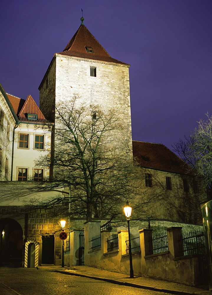 Black Tower of Prague Castle at dusk, Prague, Czech Republic.