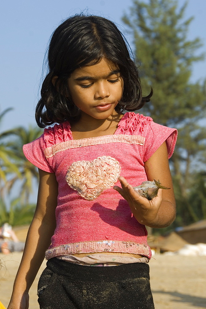 Young girl on the beach looking at a fish in her hand, Goa, India