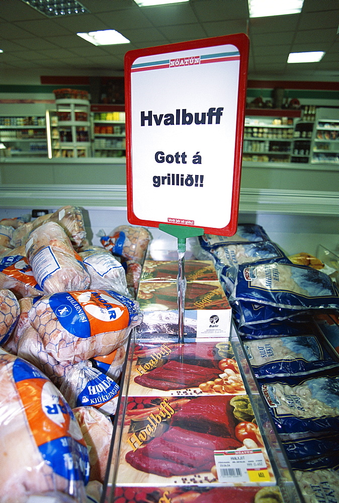 Locally caught whale meat (Hvalbuff) in Reykjavik flea market (2004) after the resumption of commercial whaling in Iceland.