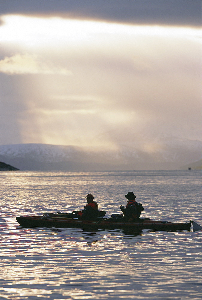 Whale-watchers in double kayak following orca up a fjord, during the herring run in November. Tysford, northern Norway.