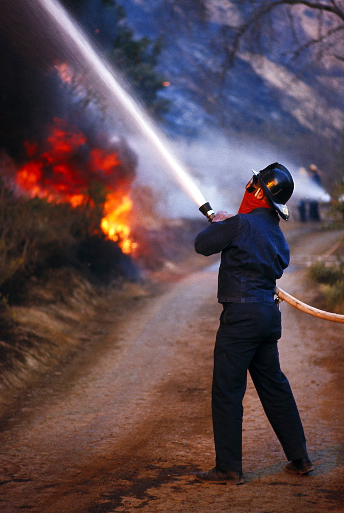 Fireman with hose; Hillside on fire; Coyote Fire; Coyote Fire 1971; Filmore; California