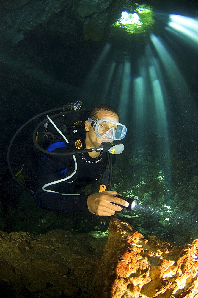 Diver in cave, Dominican Republic