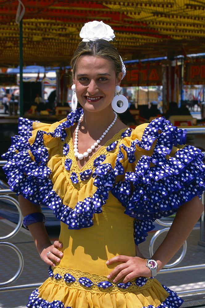 Woman in flamenco dress, April Fair, Seville, Andalucia, Spain, Europe