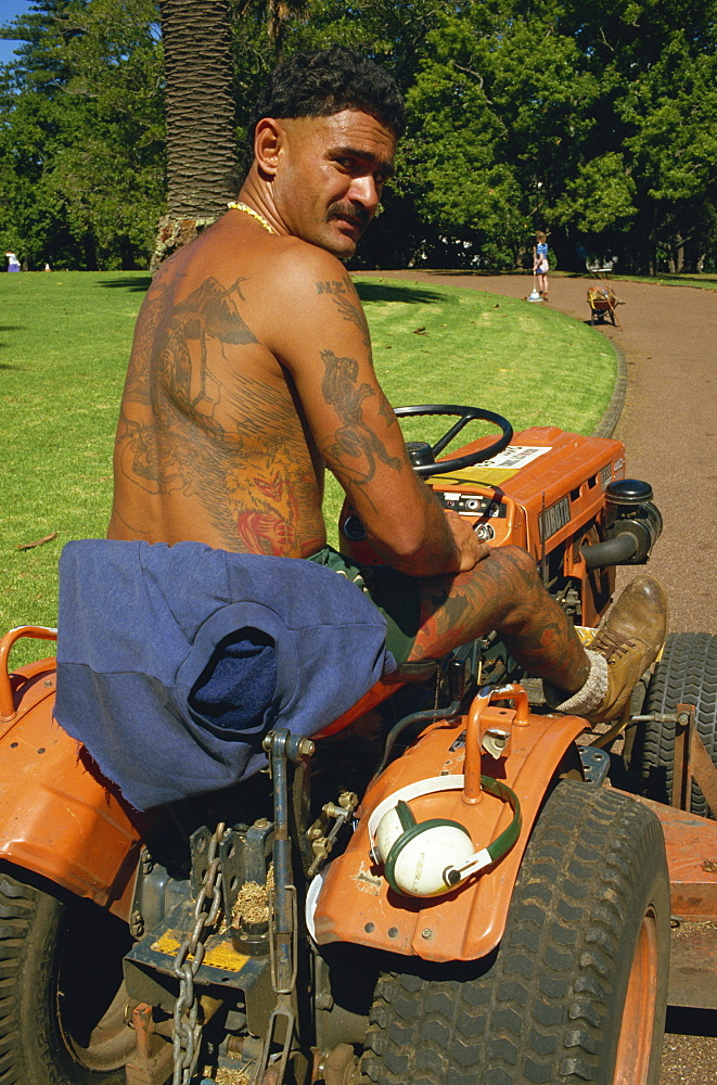 Tattooed Maori park attendant, Auckland, North Island, New Zealand, Pacific