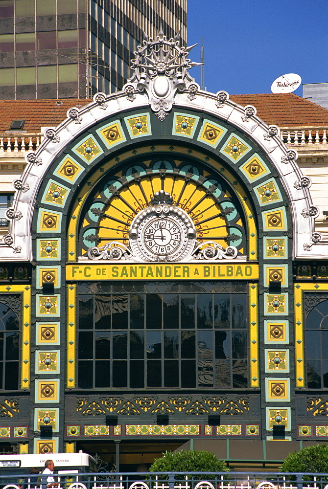 Architectural detail of deco style above the entrance to the Santander to Bilbao railway station in Bilbao, Pais Vasco, Spain, Europe