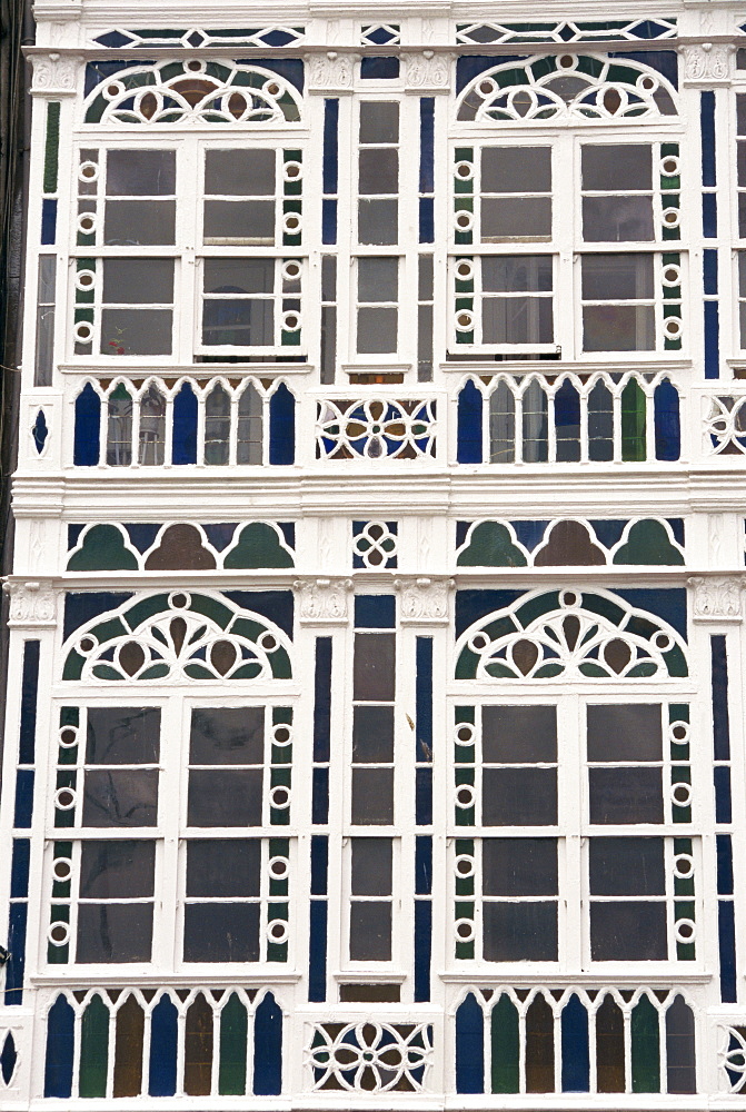 Detail of Las Gallerias, glassed frontages, of houses in La Coruna, Galicia, Spain, Europe