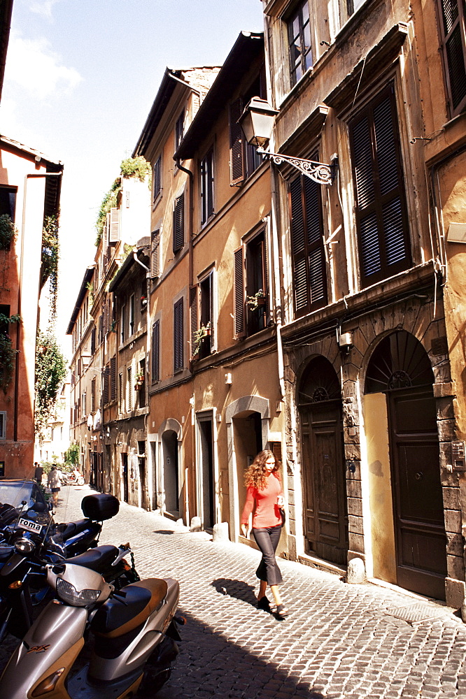 Narrow street in Trastevere district, Rome, Lazio, Italy, Europe