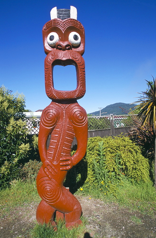 Maori totem carving, Ohinemutu village, Rotorua, North Island, New Zealand, Pacific