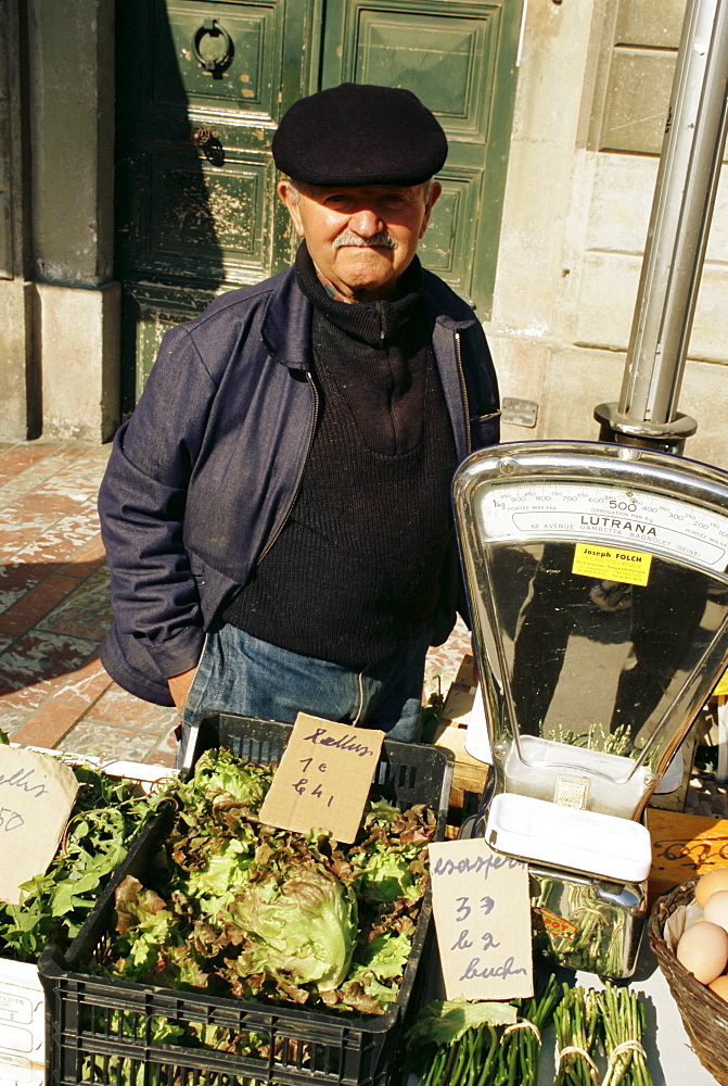 Man selling salad vegetables, Ville Basse, Saturday market, Carcassonne, Languedoc, France, Europe