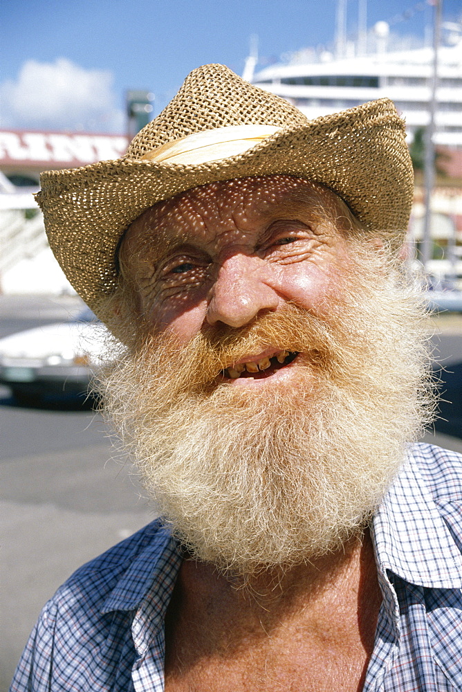 Head and shoulders portrait of an 'old timer', with beard and straw hat, Cairns, Queensland, Australia, Pacific