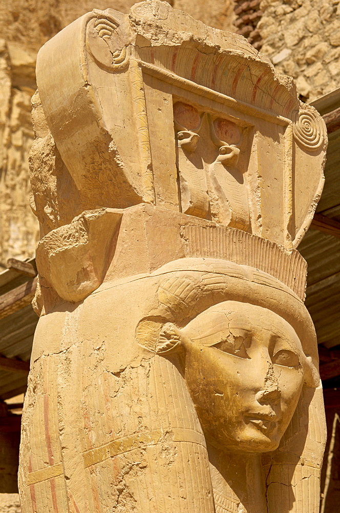 Detail of Hathor's face forming the capitals on the square pillars in the Chapel of Hathor, Hatshepsut's Temple, Deir el Bahri, Thebes, UNESCO World Heritage Site, Egypt, North Africa, Africa