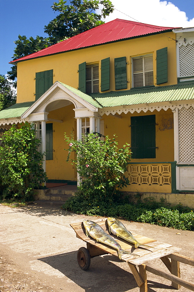 Drying fish outside the Manhattan Garden Restaurant, St. Kitts, Leeward Islands, West Indies, Caribbean, Central America