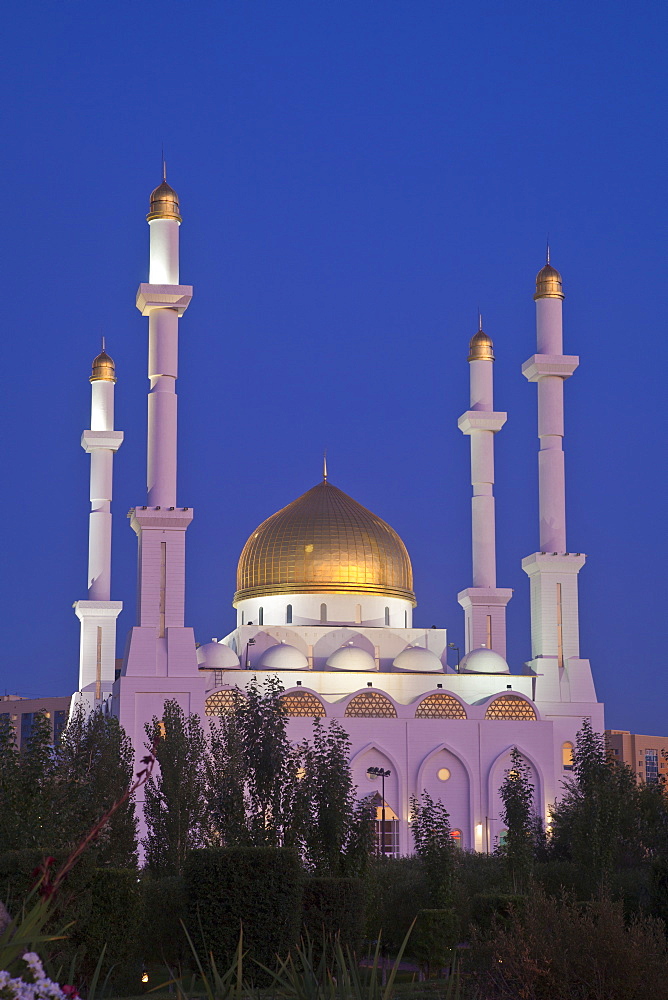 Nur Astana Mosque at twilight, Astana, Kazakhstan, Central Asia, Asia