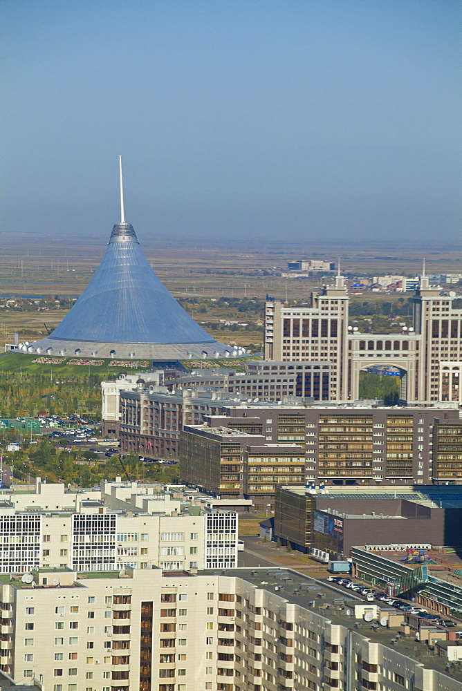 View of city center, looking towards KazMunaiGas building, and Khan Shatyr entertainment center, Astana, Kazakhstan, Central Asia, Asia